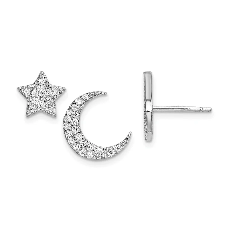 Women’s delicate hoop earrings-Sterling Silver Cubic Zirconia 11MM Stud Celestial Star and Moon Earrings