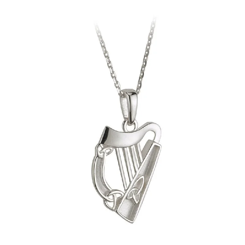 Women’s chic pendant necklace-Sterling Silver Celtic Trinity Irish Harp Pendant with Chain S44026