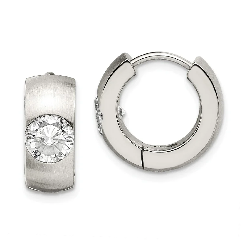 Women’s stacked earrings-Stainless Steel CZ Brushed & Polished Round Hinged Hoop Earrings