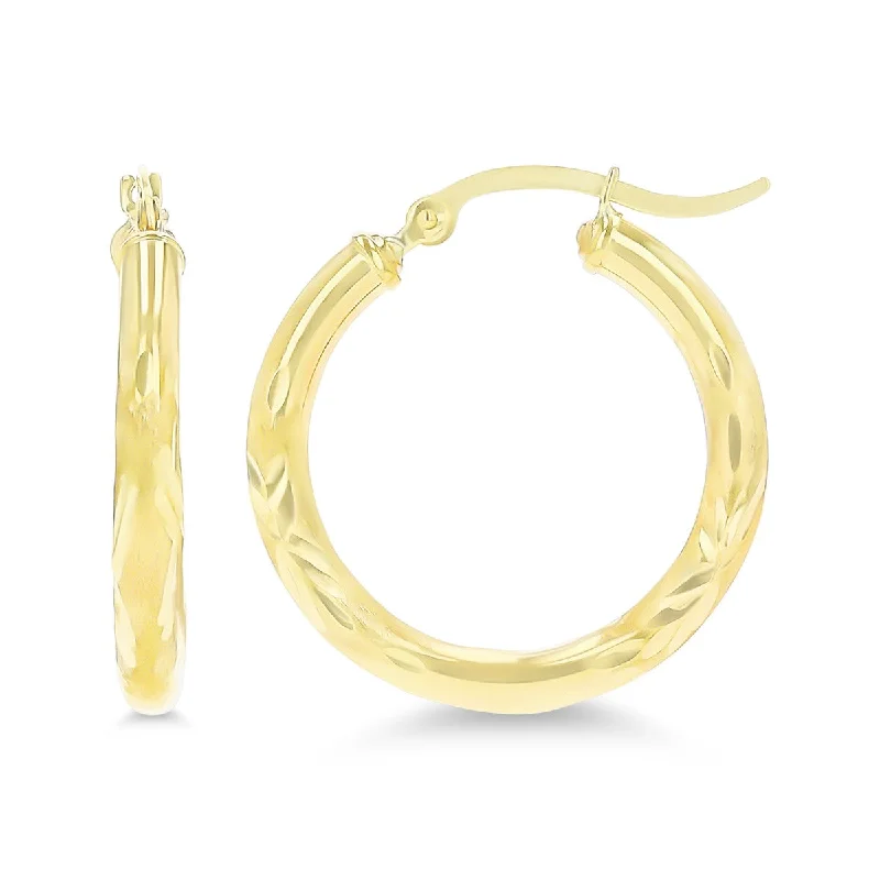 Women’s moonstone earrings-14KT Yellow Gold 3X25MM Hoop Diamond-cut Earrings