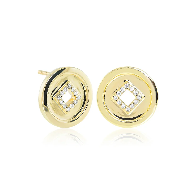 Women’s elegant drop earrings-Lucky Coin & Diamond Stud Earrings