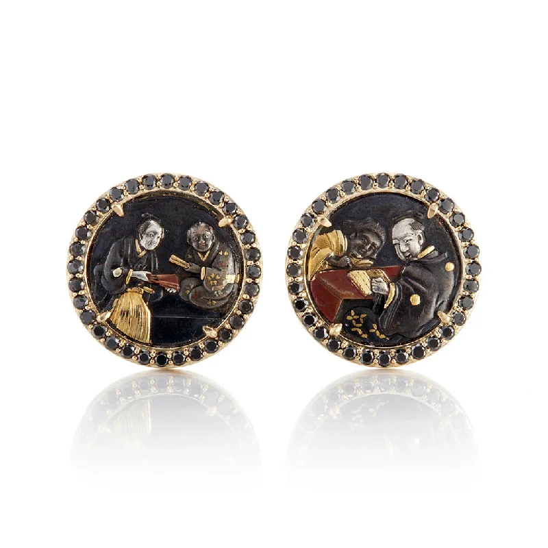 Women’s heart-shaped earrings-Antique Shakudo & Black Diamond Earrings