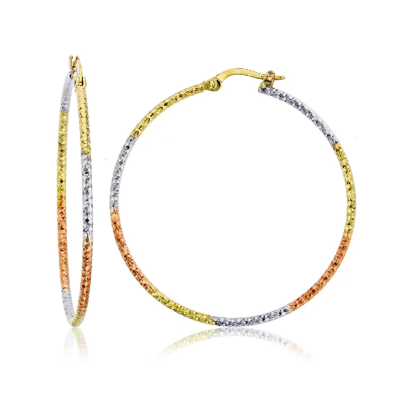 Women’s simple earrings-14KT Gold Tri-Color 1.5X40MM Diamond-cut Hoop Earrings