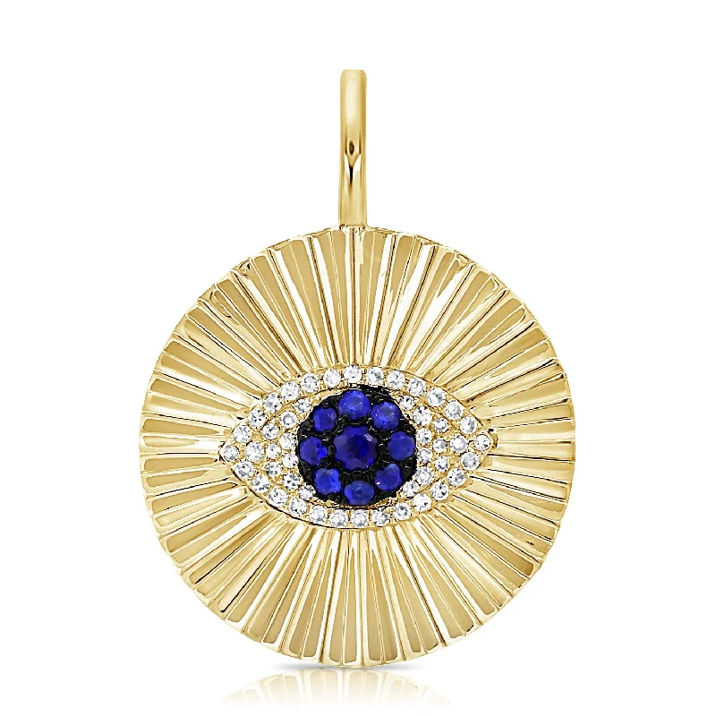 Women’s designer necklace-14K Yellow Gold Diamond & Sapphire Evil Eye Fluted Charm Pendant