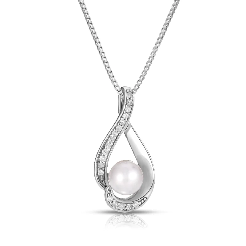 Women’s vintage necklace-Round Pearl Diamond Swirl June Birthstone Pendant in Sterling Silver