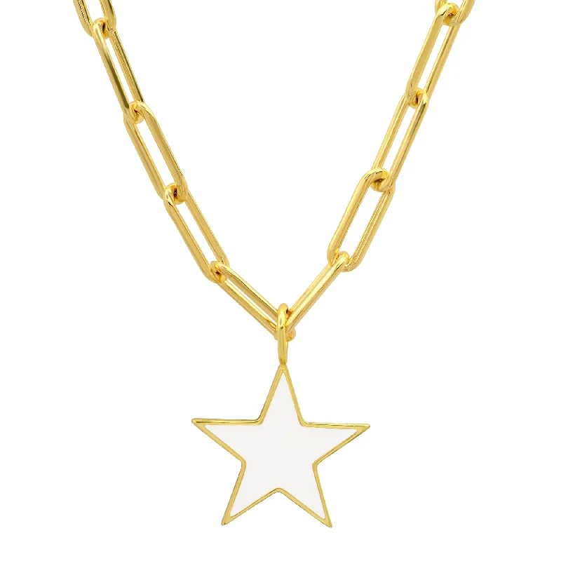 Women’s heart-shaped pendant necklace-STAR PAPERCLIP CHAIN WHITE ENAMEL GOLD