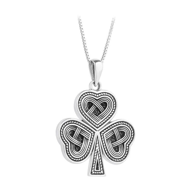 Women’s designer necklace-Sterling Silver Oxidised Celtic Shamrock Pendant with Chain - S47059