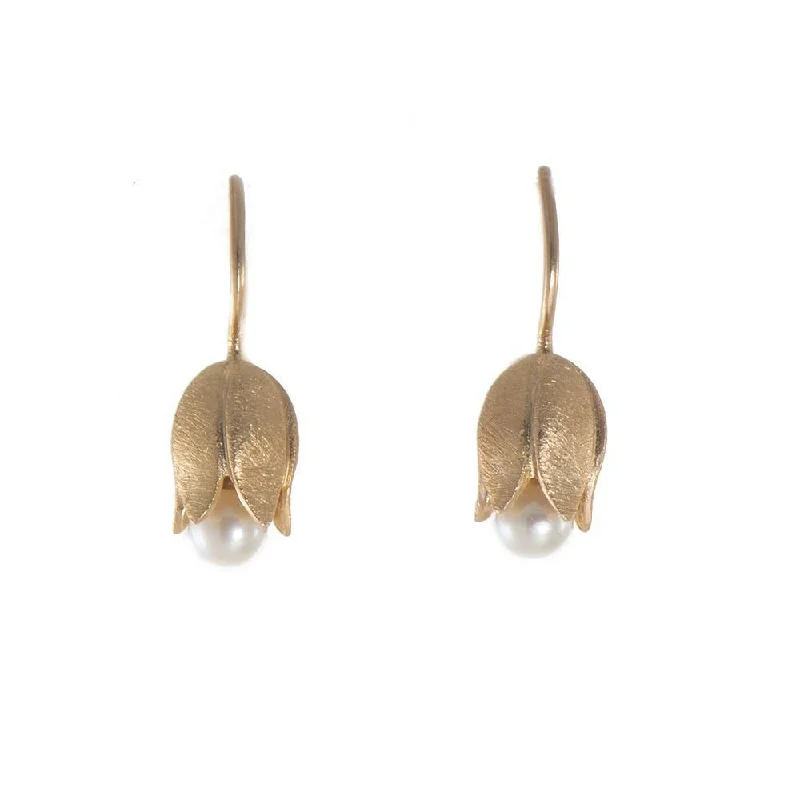 Women’s hammered gold earrings-Tulip Pearl French Wire Earrings 24K Fair Trade Gold Vermeil