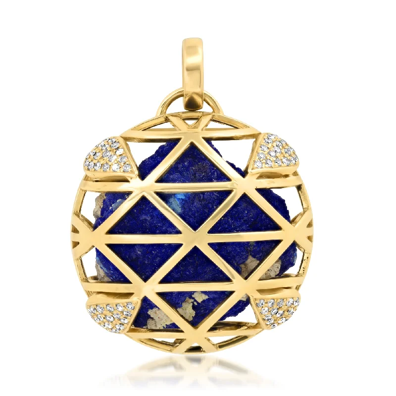 Women’s custom gold necklace-CAGED AZURITE DIAMOND PENDANT, 14KT GOLD