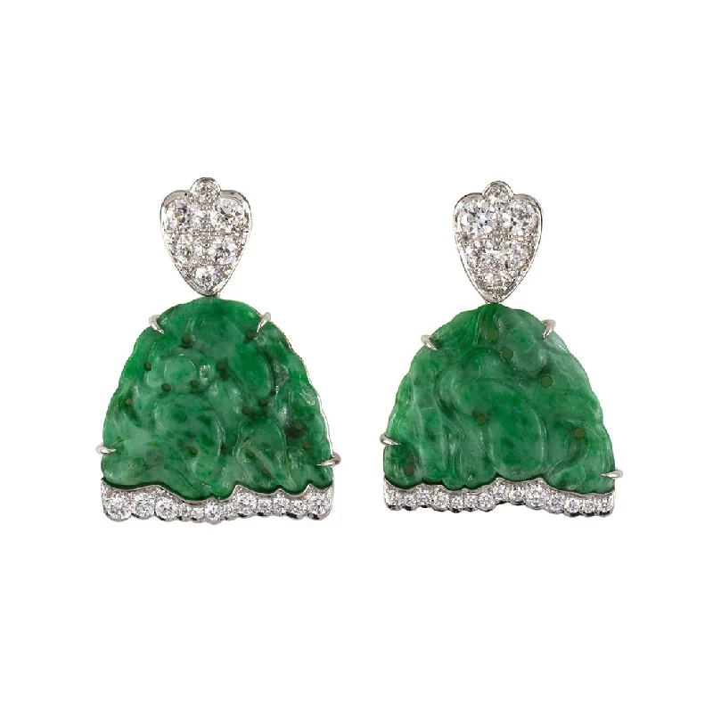 Women’s gold hoop drop earrings-Carved Jadeite Umbrella & Diamond Dangle Drop Earrings