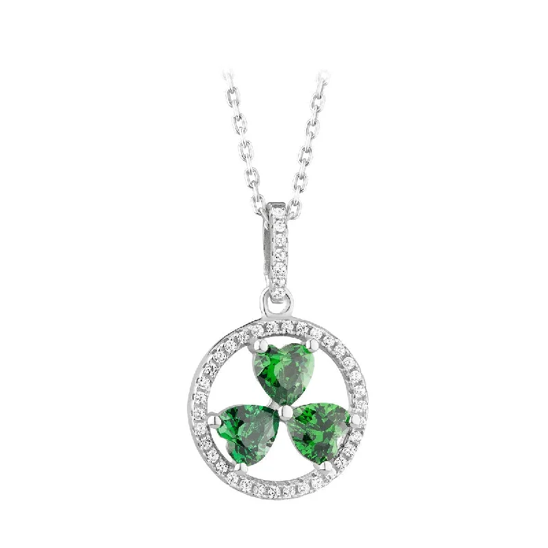 Women’s thick chain necklace-Sterling Silver Circle Shamrock Pendant with Green and White CZ Stones with Chain - S46481