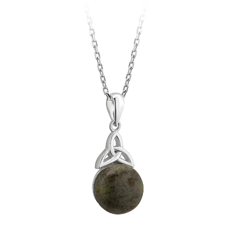 Women’s crystal necklace-Sterling Silver Round Connemara Marble Irish Trinity Knot Pendant with Chain - S46474