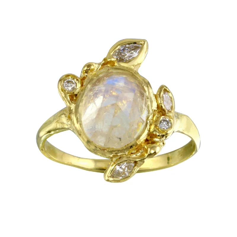 Women’s vintage-style engagement ring-Moonstone with Diamond Leaf Ring