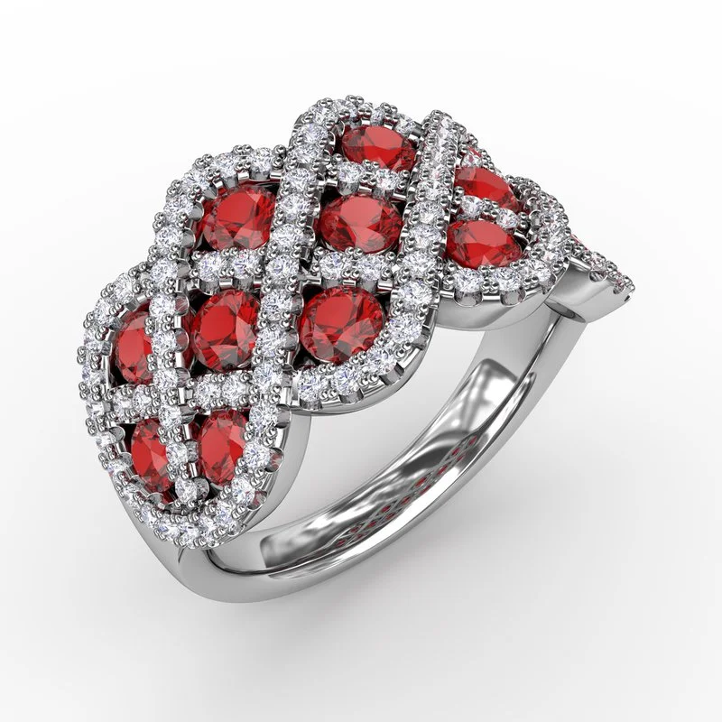 Women’s diamond engagement ring with twist band-You And Me Ruby And Diamond Interweaving Ring R1370R