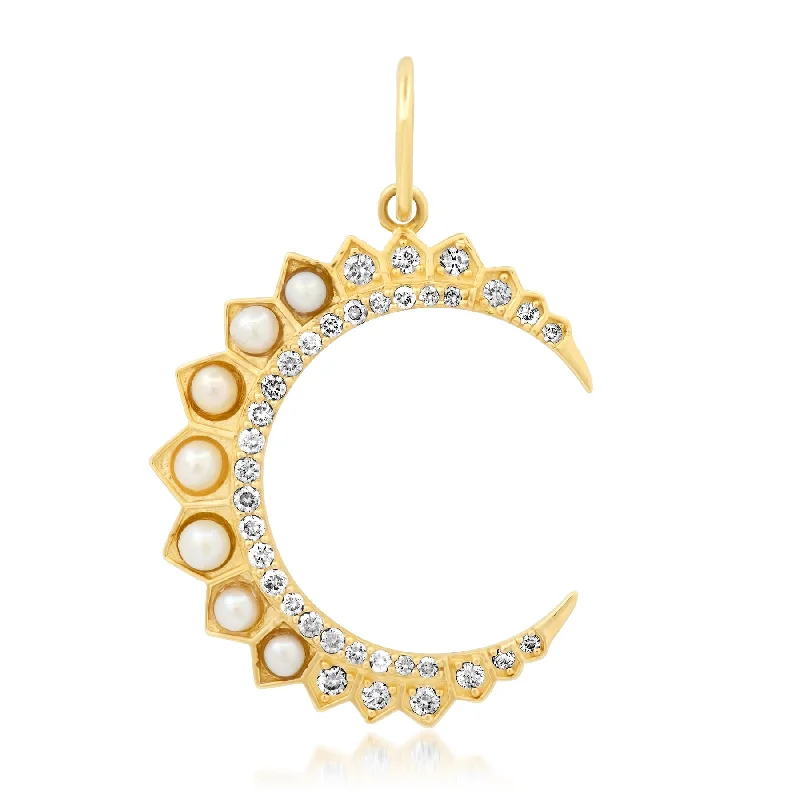 Women’s custom necklace-PEARL & DIAMONDS CRESCENT MOON PENDANT, 14kt GOLD