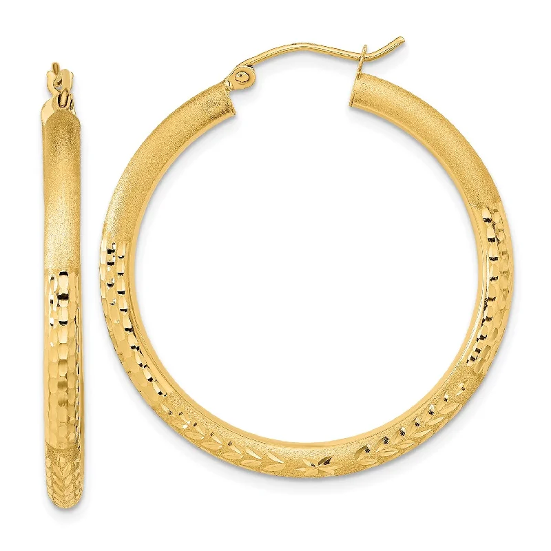 Women’s sparkling earrings-14KT Yellow Gold 35X3MM Diamond-cut Hoop Earrings