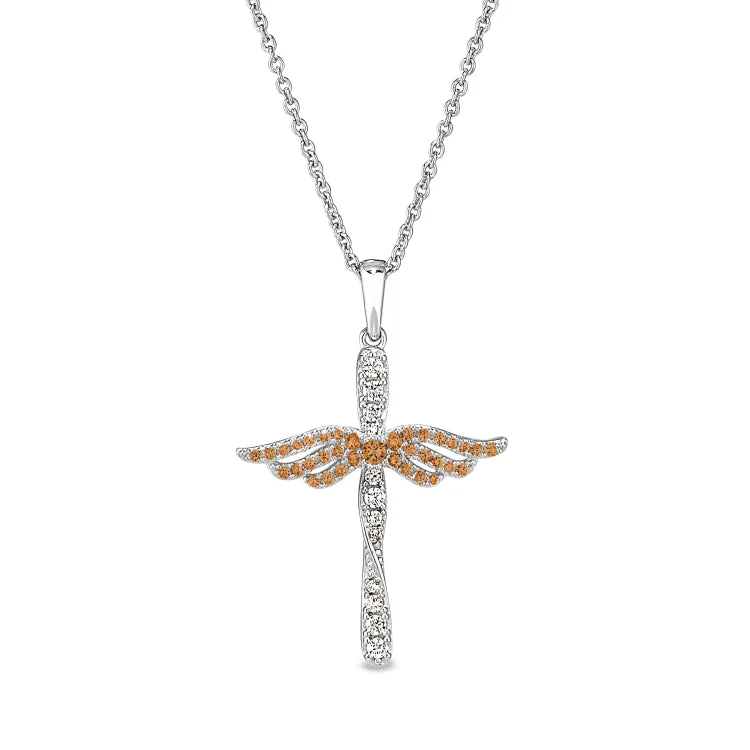 Women’s classic diamond engagement ring-Platinum Finish Sterling Silver Micropave Angel Wings Cross with Simulated Citrine & Diamonds on 16" - 18" Adjustable Chain