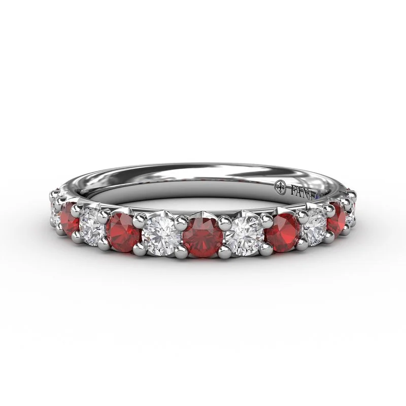 Women’s statement engagement ring-Ruby and Diamond Shared Prong Anniversary Band W6203R