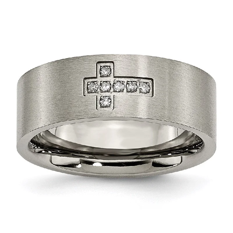 Women’s classic solitaire engagement ring-Titanium Brushed Diamond Cross Flat Band | TB444A