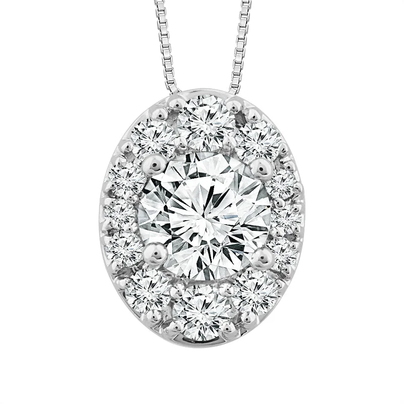 Women’s circular pendant necklace-14 Karat White Gold 1/2 Carat Oval Halo Diamond Pendant