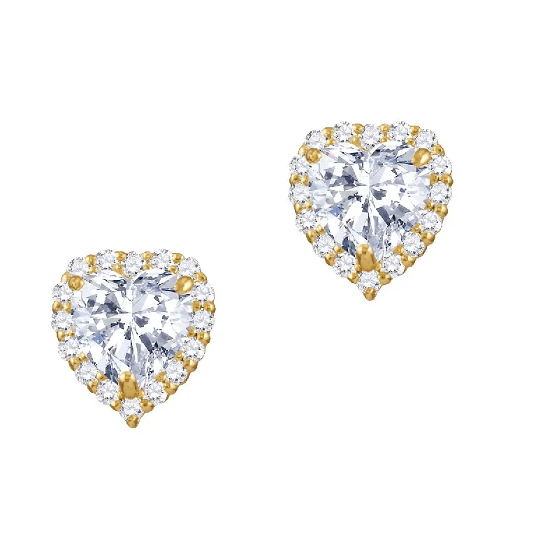 Women’s artistic earrings-14KT Yellow Gold 5MM Heart Shape Cubic Zirconia Halo Stud Heart Earrings