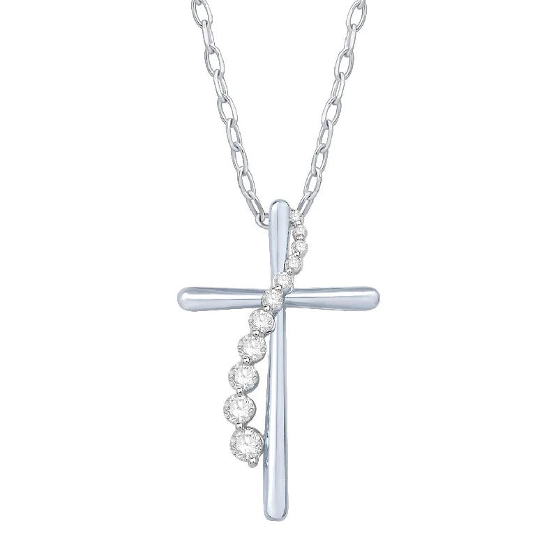 Women’s gemstone pendant necklace-10K White Gold Diamond Cross Pendant