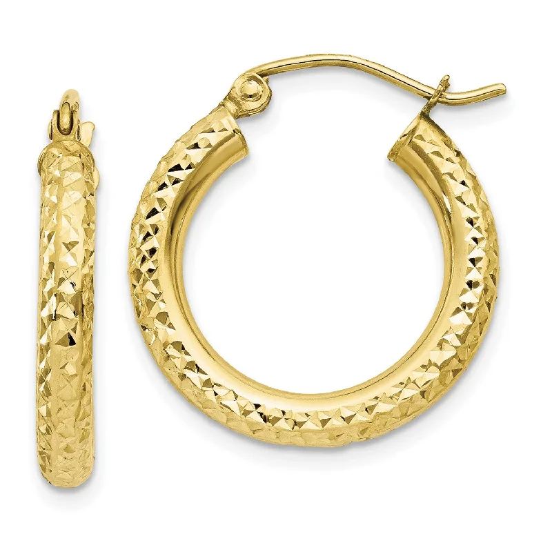 Women’s long drop earrings-10KT Yellow Gold 15X3MM Diamond-cut Hoop Earrings