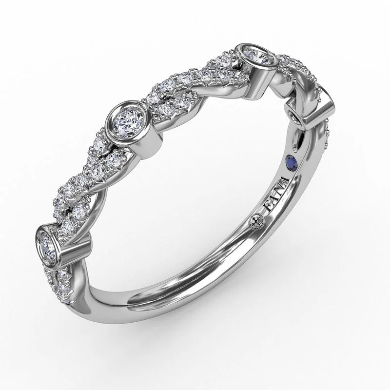 Women’s fancy diamond engagement ring-Twisted Prong Set Band with Diamond Bezel Stations W7328