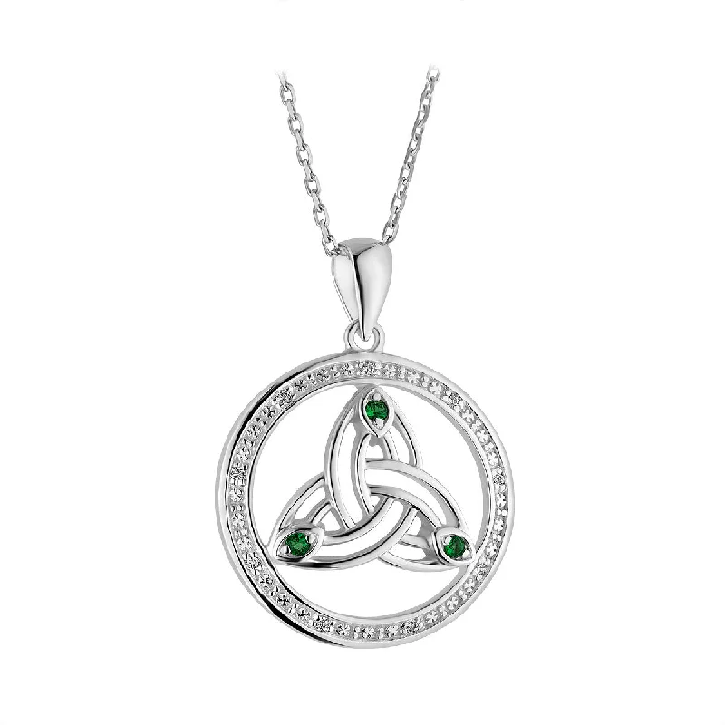 Women’s necklace set-Sterling Silver Circle Trinity Knot Pendant with Green CZ Stones and Chain - S46799