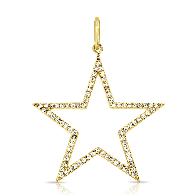 Women’s art deco necklace-14K Yellow Gold Diamond Large Open Star Pendant