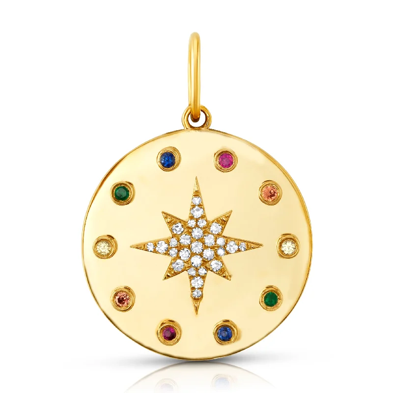 Women’s layered pendant necklace-STARBURST RAINBOW SAPPHIRE & DIAMOND PENDANT, 14kt GOLD