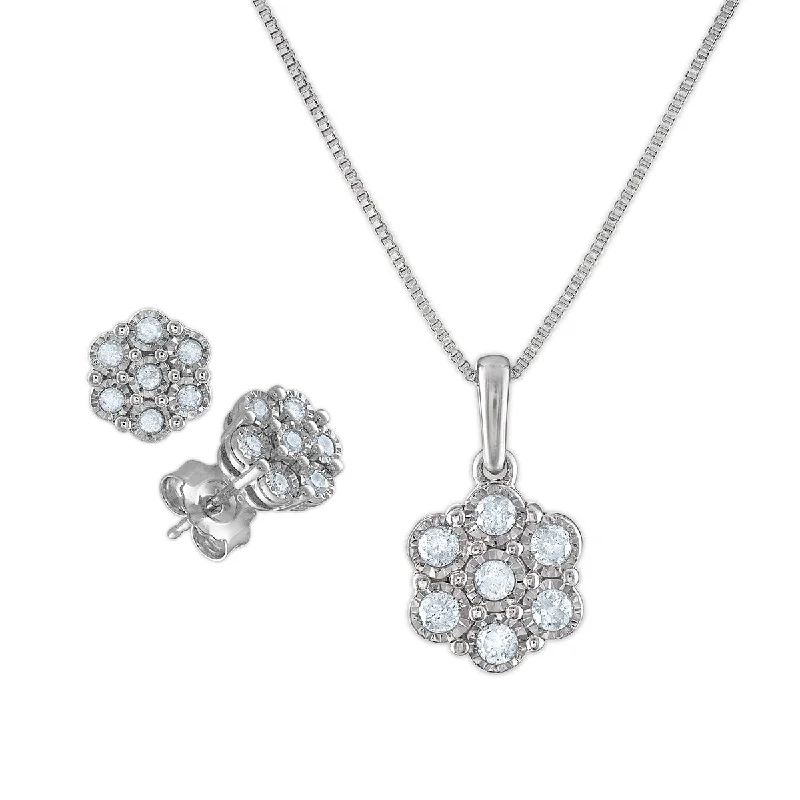 Women’s silver drop earrings-1/2 CTW Diamond Flower 18-inch Pendant Earrings Set in Sterling Silver