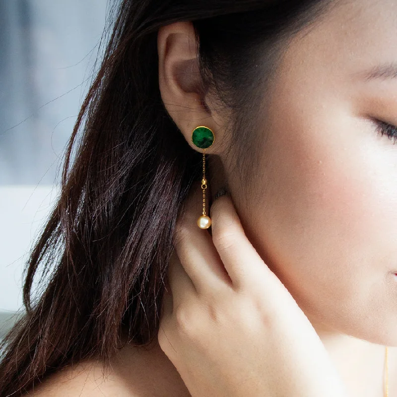 Women’s pearl earrings-Jade and Akoya Pearl 18K Gold Earrings