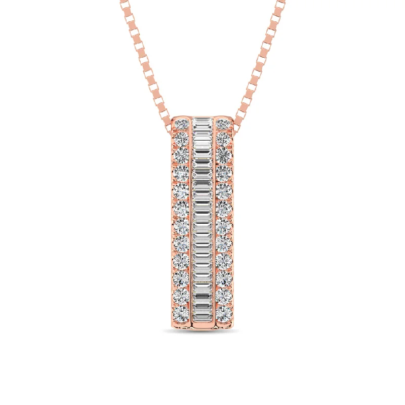 Women’s family necklace-14K Rose Gold Round and Baguette Diamond 1/3 Ct.Tw. Drop Bar Pendant