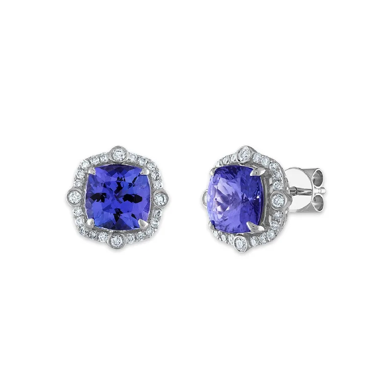 Women’s statement hoop earrings-7MM Cushion Tanzanite and Diamond Halo Stud Earrings in 14KT White Gold