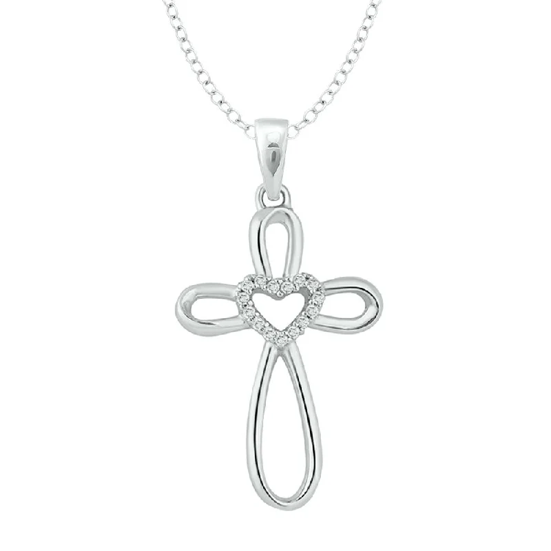 Women’s custom gold necklace-Sterling Silver Diamond Accent Heart & Cross Pendant