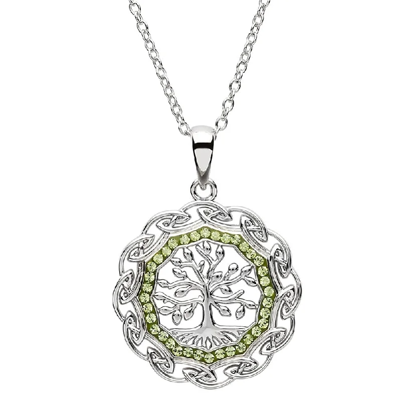 Women’s circular pendant necklace-Sterling Silver Tree Of Life Pendant and Chain Embellished With Peridot Swarovski Crystals SW110