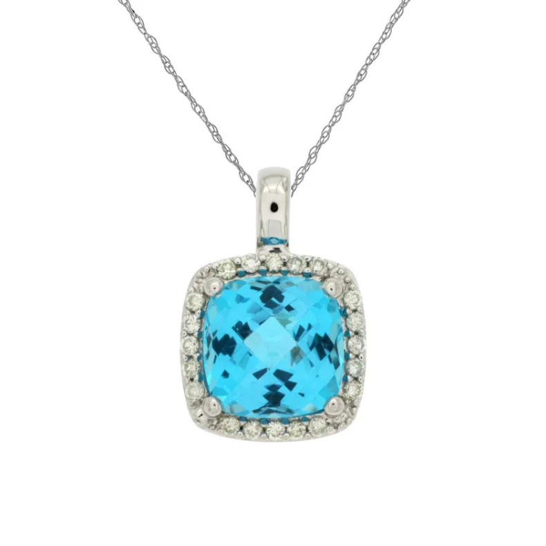 Women’s gold necklace-10 Karat White Gold 3 1/10 Carat Blue Topaz and Diamond Pendant