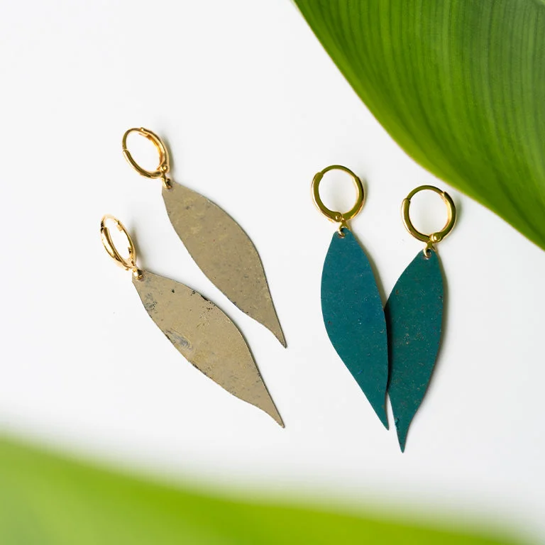 Women’s minimalist earrings-Patina Leaf Hoops