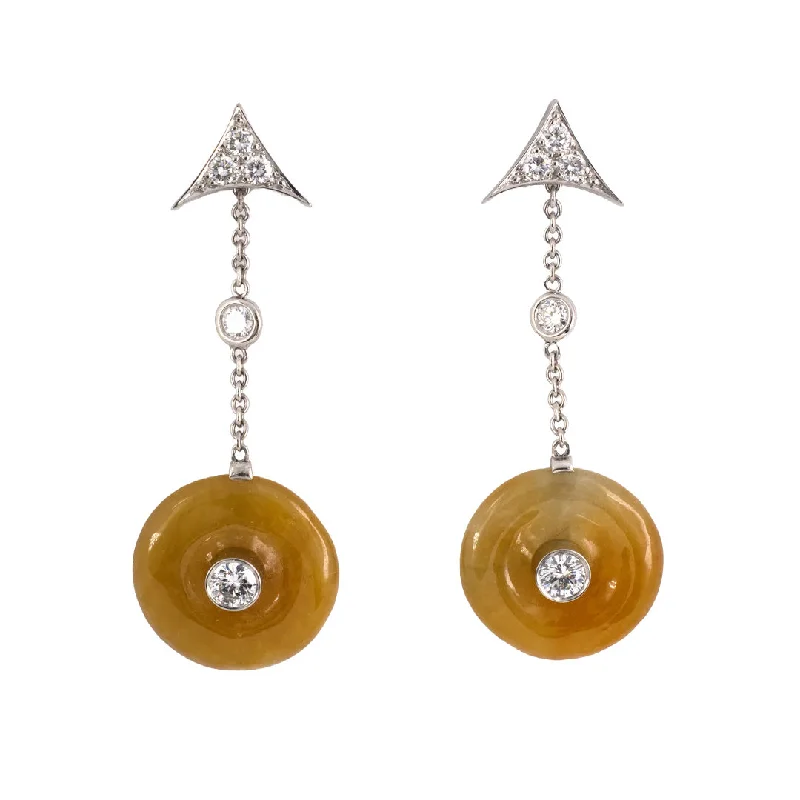 Women’s stud pearl earrings-Jadeite Pi Disc & Diamond Triangular Dangle Drop Earrings