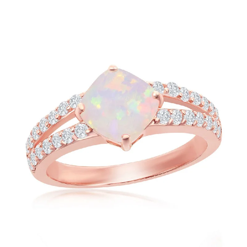 Women’s halo diamond engagement ring-Sterling Silver Rose GP Diamond-Shaped Opal CZ Ring - W-2261