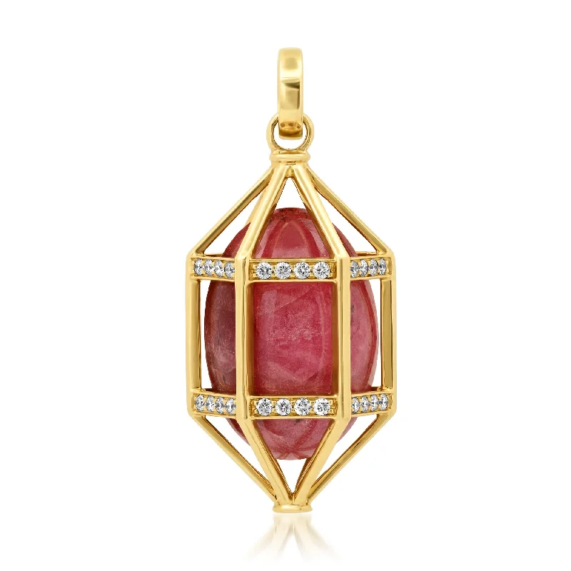 Women’s personalized necklace-PINK RHODOCHROSITE & DIAMOND EGG CAGE PENDANT, 14kt GOLD