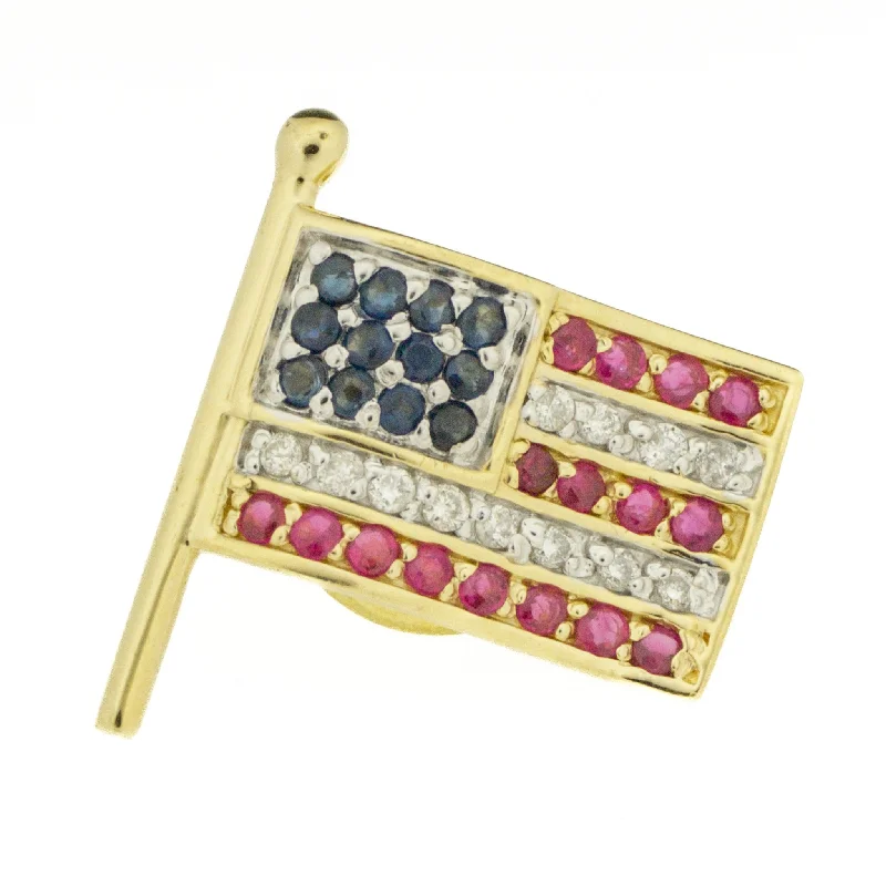 Women’s diamond eternity engagement ring-Diamond, Ruby & Sapphire USA Flag Pin in 14K Yellow Gold