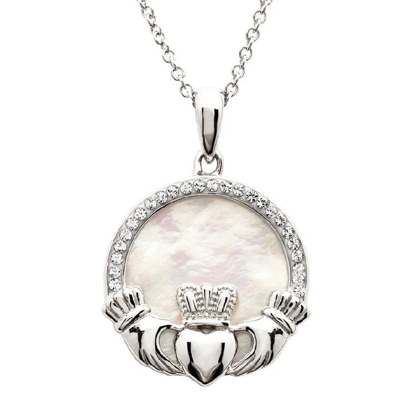 Women’s bohemian necklace-Sterling Silver Mother of Pearl Claddagh Pendant with Chain - SW231