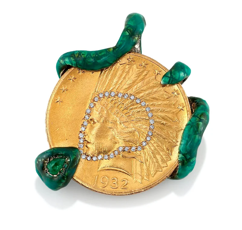 Women’s solitaire engagement ring-Snake Wrapped Gold Coin with Diamonds