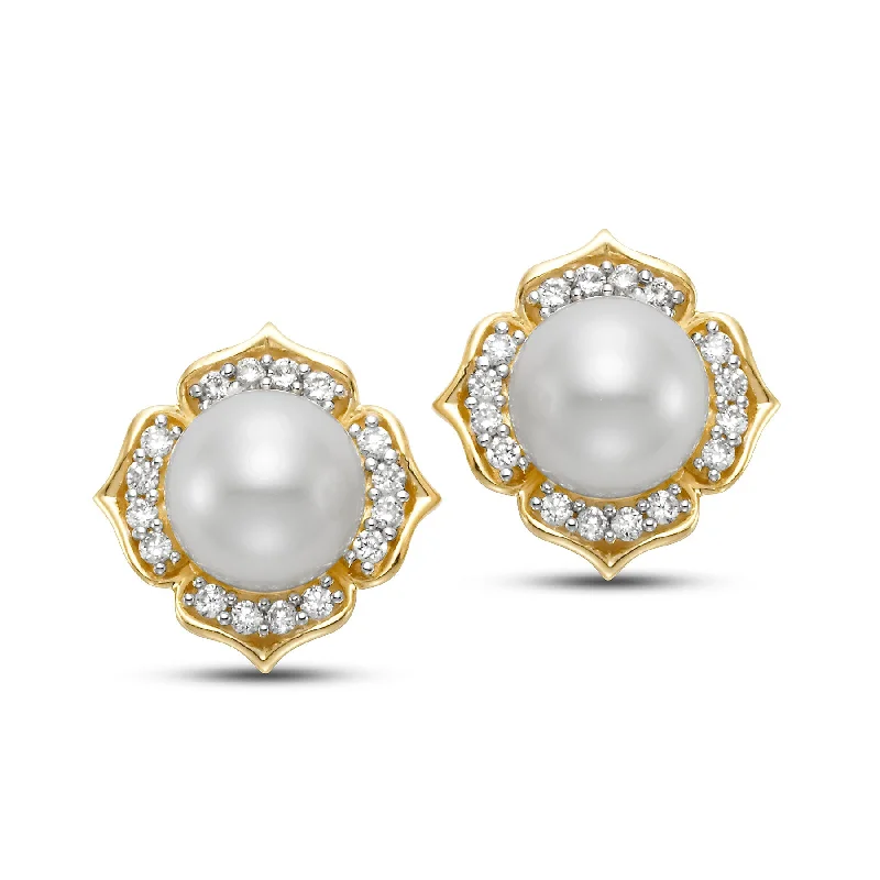 Women’s simple stud earrings-White Pearl & Diamond Blossom Earrings