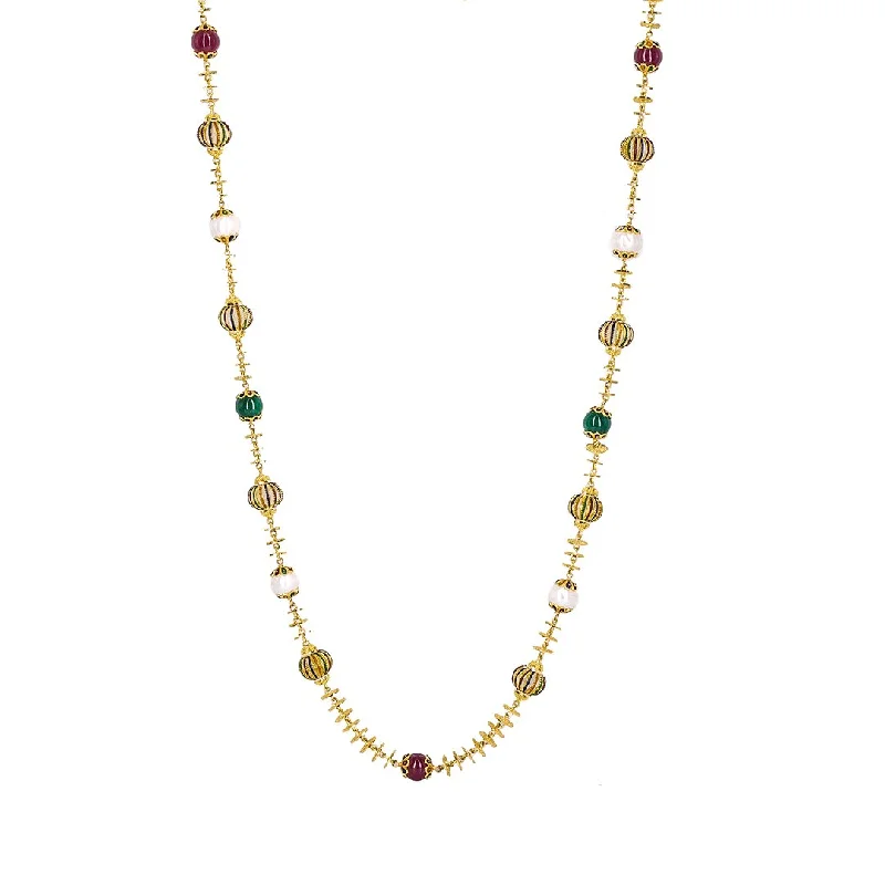 Women’s romantic heart necklace-22K Yellow Gold Enamel Chain W/ Pearls, Rubies, Emeralds & Textured Gold Balls