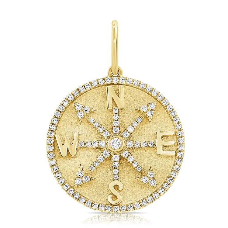 Women’s long pendant necklace-14K Yellow Gold Diamond Compass Pendant