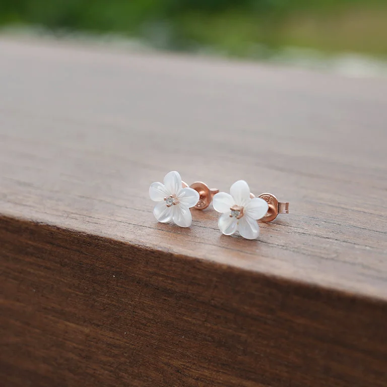 Women’s silver hoop earrings-Small Mother of Pearl Flower Studs