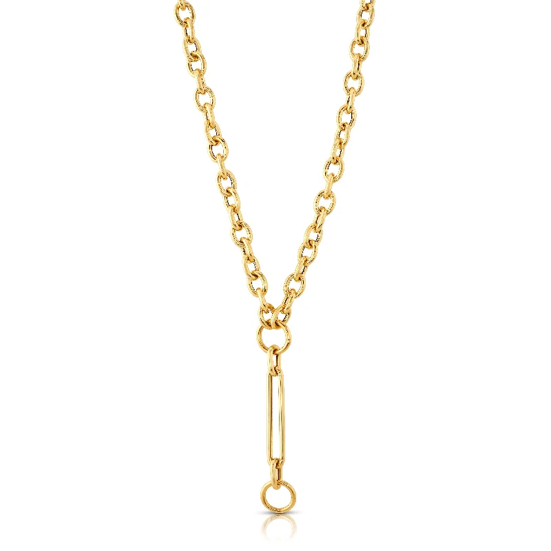 Women’s circular pendant necklace-OVAL CHAIN w/ PAPERCLIP EXTENDER w/ 2 ROUND CONNECTORS, 14kt Gold